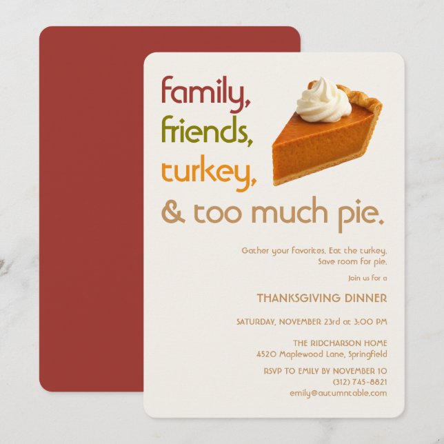Invitación Family, Friends, Turkey, Pie Modern Thanksgiving (Anverso / Reverso)