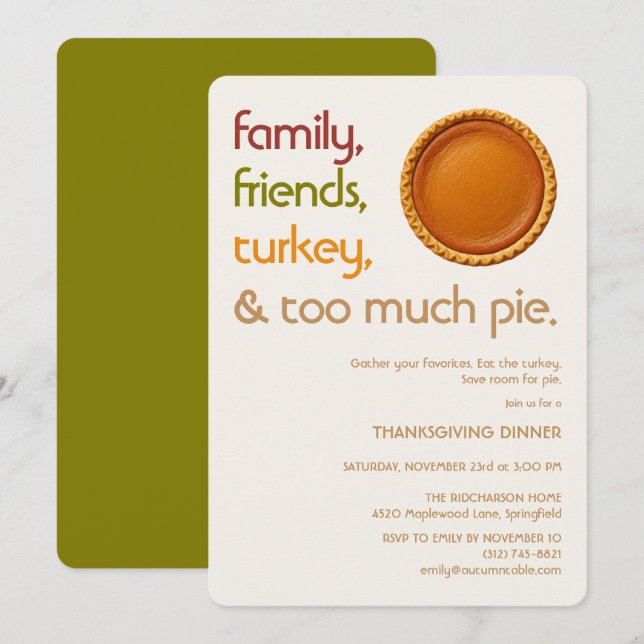 Invitación Family, Friends, Turkey, Pie Modern Thanksgiving (Anverso / Reverso)