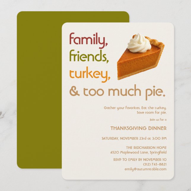 Invitación Family, Friends, Turkey, Pie Modern Thanksgiving (Anverso / Reverso)