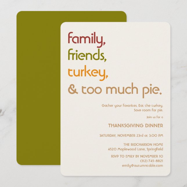 Invitación Family, Friends, Turkey, Pie Modern Thanksgiving (Anverso / Reverso)