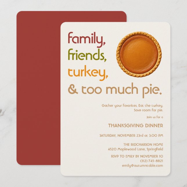 Invitación Family, Friends, Turkey, Pie Modern Thanksgiving (Anverso / Reverso)