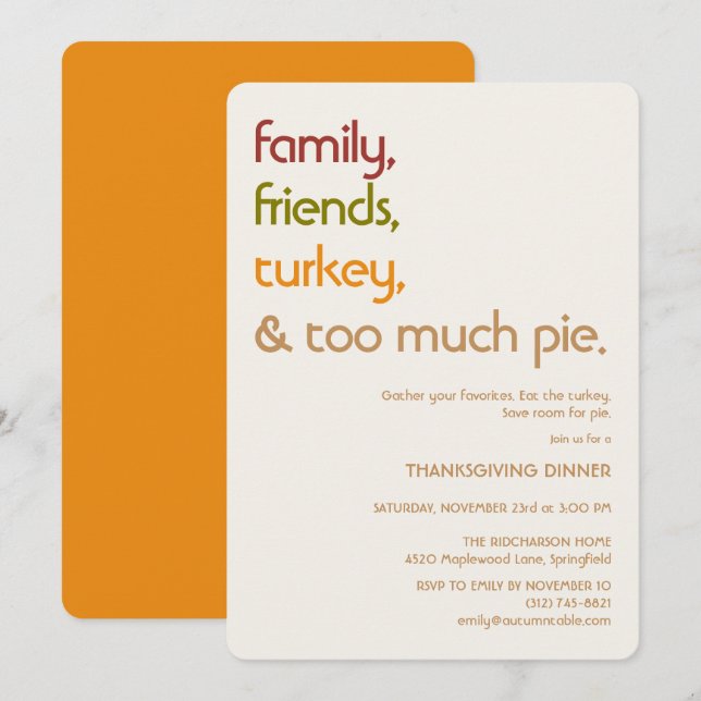 Invitación Family, Friends, Turkey, Pie Modern Thanksgiving (Anverso / Reverso)
