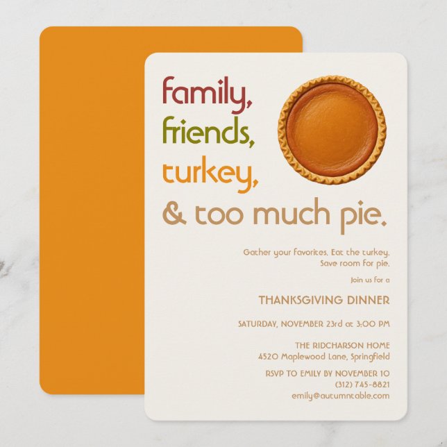 Invitación Family, Friends, Turkey, Pie Modern Thanksgiving (Anverso / Reverso)