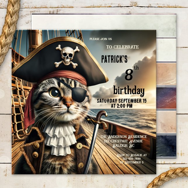 Invitación Famoso cumpleaños del pirata de gato (A funny birthday party invitation  for children featuring a pirate cat on a clipper)