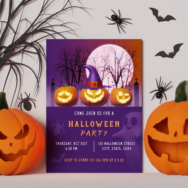 Invitación Famoso Naranja de calabazas y fiesta morada de Hal (Spooky Pumpkins Orange and Purple Halloween Party Invitation)