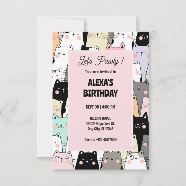Invitación Famoso patrón de gato cumpleaños (Anverso)