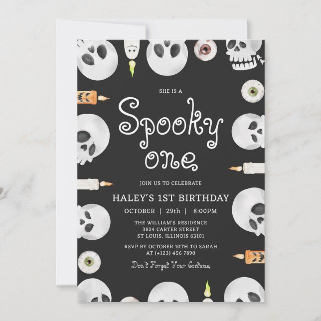 Invitación Famoso Un Halloween Skulls Niños Primer Cumpleaños (Anverso)