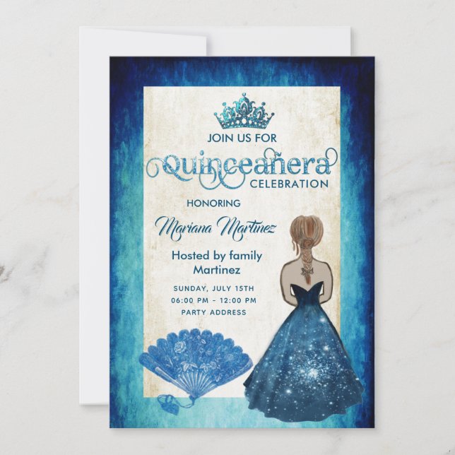 Invitación Fanático de la mano azul real tiara Quince (Anverso)