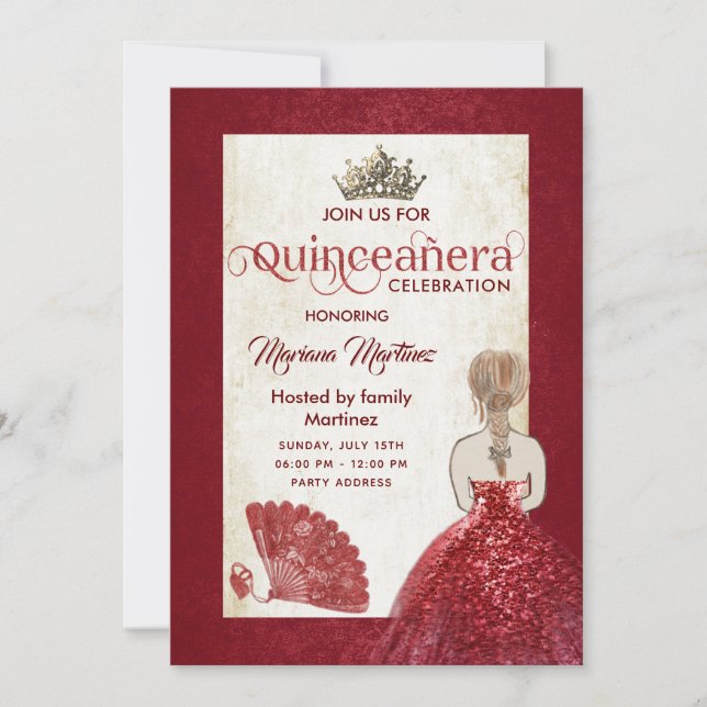 Invitación Fanático de la mano roja tiara Quince (Anverso)