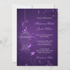 Invitación Fanciosa jaula de aves con Boda de Swirls Eggplant