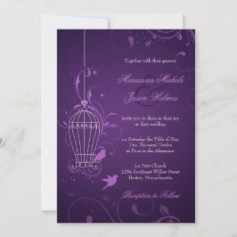 Invitación Fanciosa jaula de aves con Boda de Swirls Eggplant