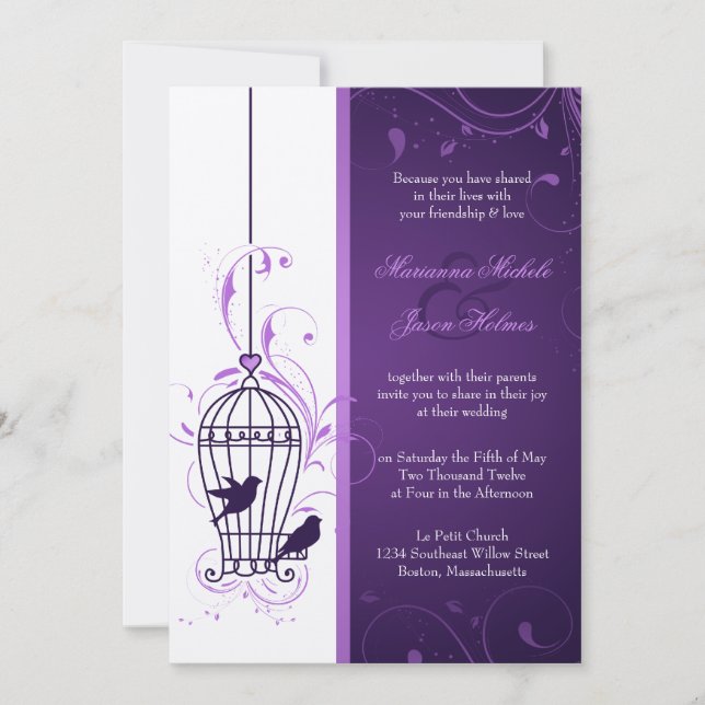 Invitación Fanciosa jaula de aves con Boda de Swirls Eggplant (Anverso)