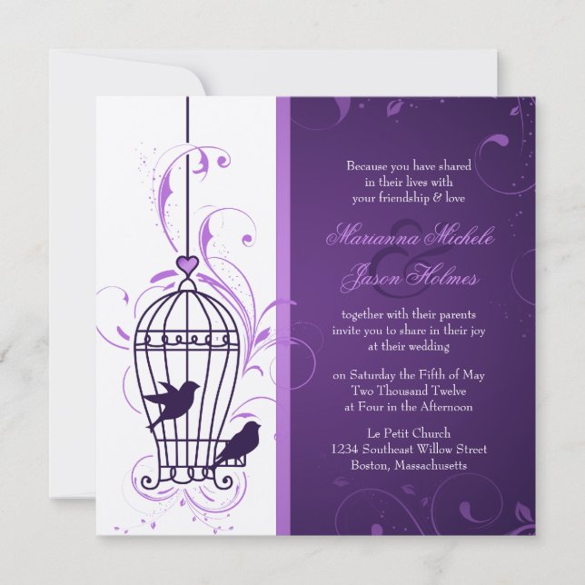 Invitación Fanciosa jaula de aves con Boda de Swirls Eggplant (Anverso)