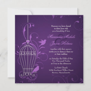 Invitación Fanciosa jaula de aves con Boda de Swirls Eggplant