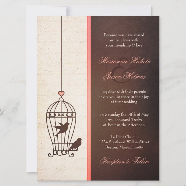 Invitación Fanciosa jaula para aves - Boda de chocolate y ros (Anverso)