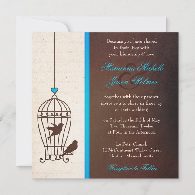 Invitación Fanciosa jaula para aves - chocolate y Boda azul V (Anverso)