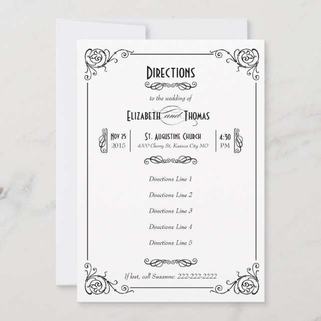 Invitación Fancy Art Deco Black & White Insert Card (Anverso)