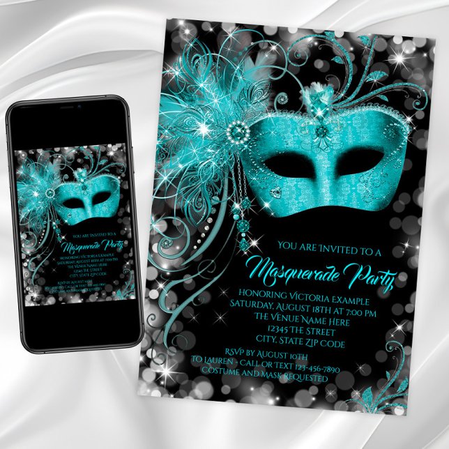 Invitación Fancy Azul Turquesa Glitter Fiesta de Máscara  (Teal masquerade party invitations with jewel mask. Any number birthday masquerade or event.)