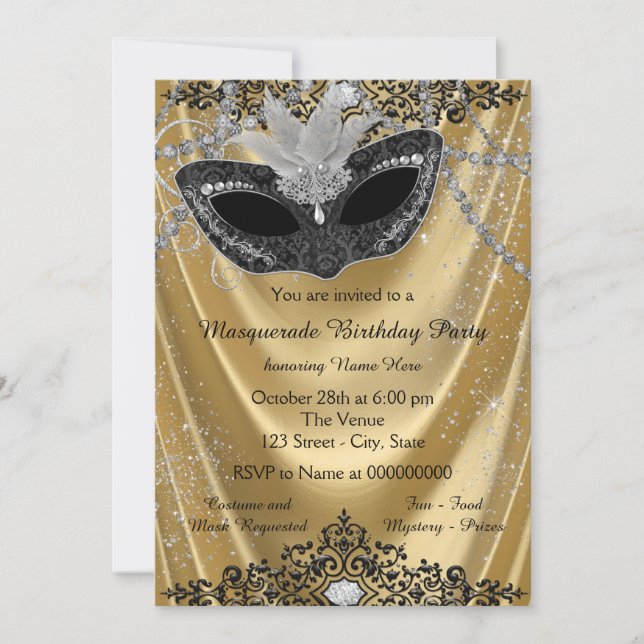 Invitación Fancy Black and Gold Masquerade Fiesta (Anverso)