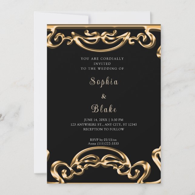 Invitación Fancy Black and Gold Scroll Art Deco Boda (Anverso)