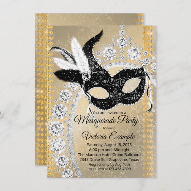 Invitación Fancy Black Gold Diamond Masquerade Birday Party (Anverso / Reverso)