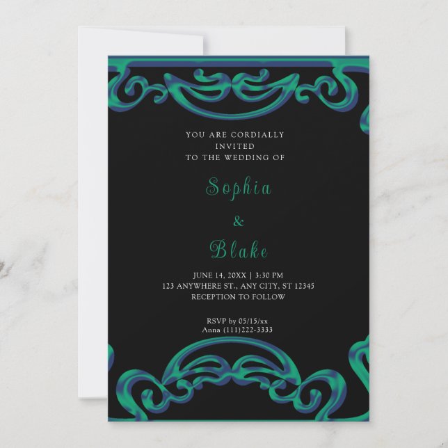 Invitación Fancy Black, Green & Blue Scroll Art Deco Boda (Anverso)