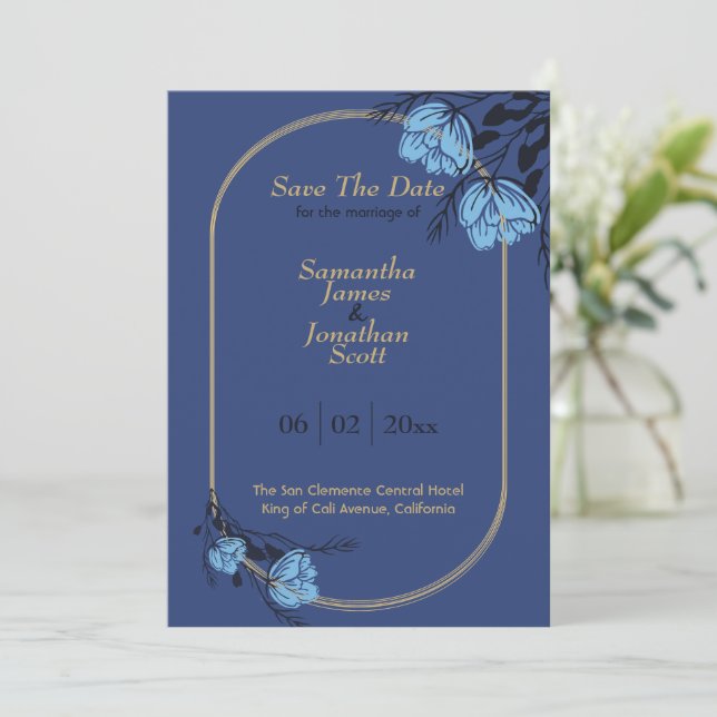 Invitación Fancy Blue Flower Wedding Save The Date (Anverso de pie)