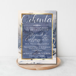 Invitación Fancy Blue Gold Fiesta de té 80 cumpleaños