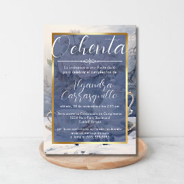 Invitación Fancy Blue Gold Fiesta de té 80 cumpleaños