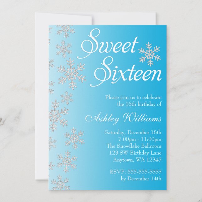 Invitación Fancy Blue Snowflakes Winter Wonderland Sweet 16 (Anverso)