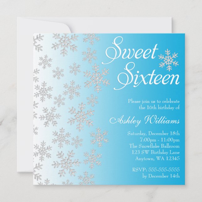 Invitación Fancy Blue Snowflakes Winter Wonderland Sweet 16 (Anverso)