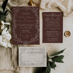 Invitación Fancy Boda Floral Antigua de Chocolate Marrón Dine