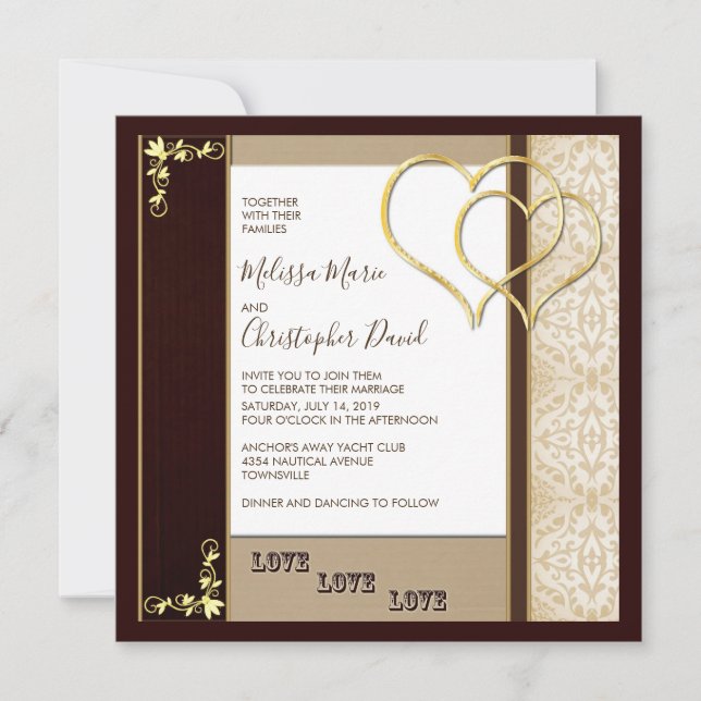 Invitación Fancy Brown y Gold Boda con corazones (Anverso)