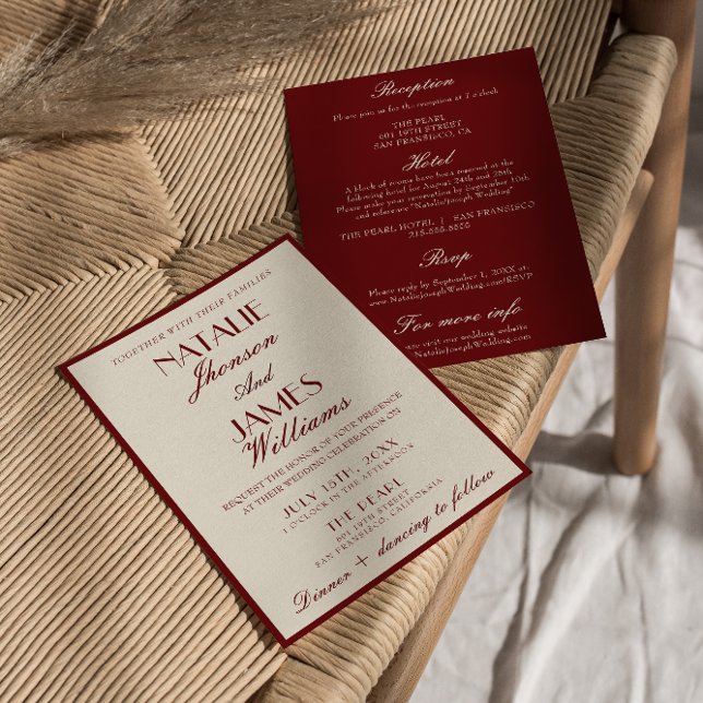 Invitación Fancy Burgundy Cream Old Money All In One Wedding (Subido por el creador)