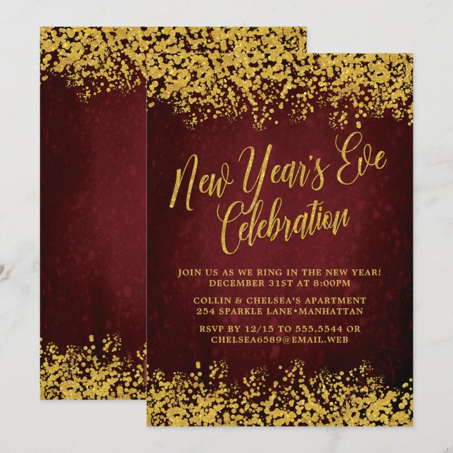 Invitación Fancy Burgundy & Gold New Year's Eve Fiesta (Anverso / Reverso)