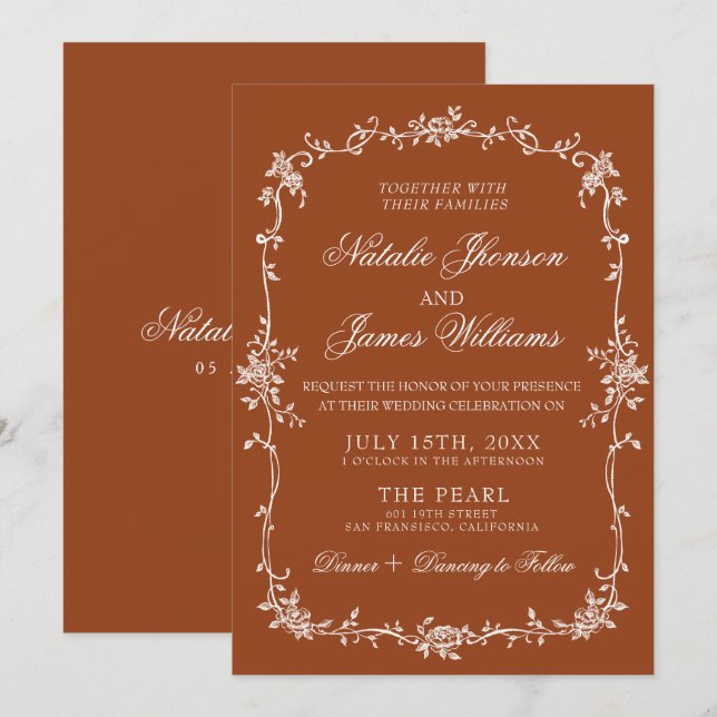 Invitación Fancy Burnt Orange Floral Boho Terracotta Wedding (Anverso / Reverso)