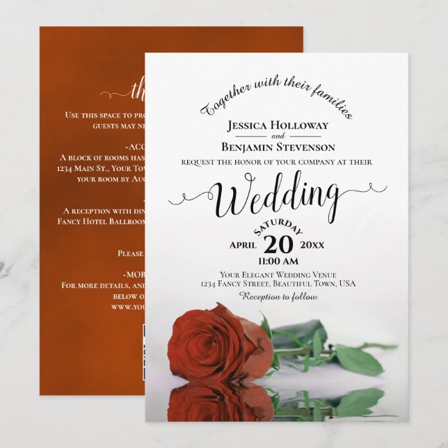 Invitación Fancy Calligraphy Rust Naranja Rosa Código QR Boda (Anverso / Reverso)
