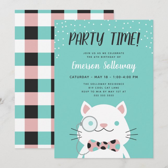 Invitación Fancy Cat Turquoise Kids Birday Fiesta (Anverso / Reverso)