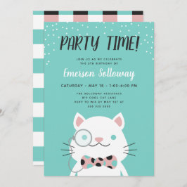 Invitación Fancy Cat Turquoise Kids Birday Fiesta