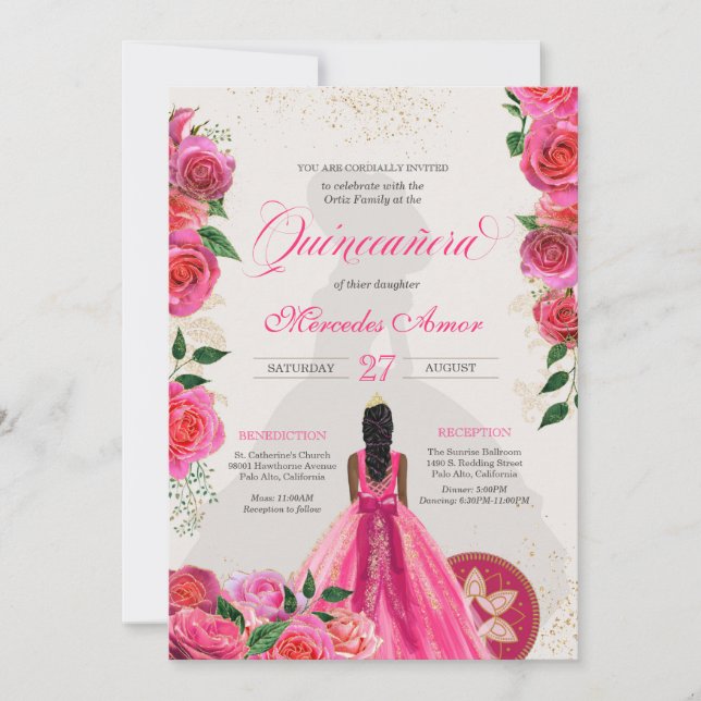 Invitación Fancy Charra Pink Gold Rosas País Quinceanera I (Anverso)