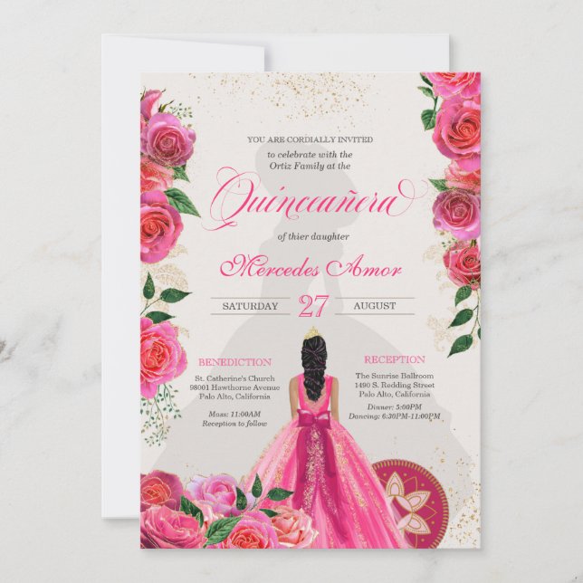 Invitación Fancy Charro Hot Pink Rosas Western Quinceanera (Anverso)