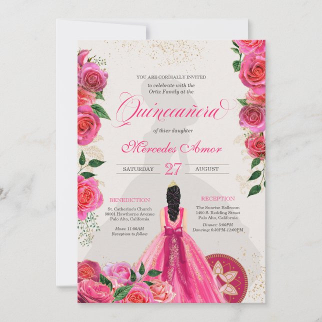 Invitación Fancy Charro Hot Pink Rosas Western Quinceanera In (Anverso)