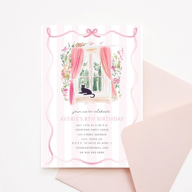 Invitación Fancy Chateau Pink Ribbon Coquette Cat Cumpleaños (Subido por el creador)