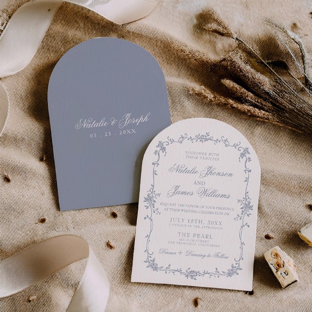 Invitación Fancy Dusty Blue Floral Boho Chic Arched Wedding (Subido por el creador)