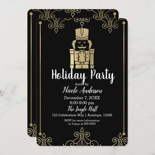 Invitación Fancy Elegant Gold Black Nutcracker Holiday Party (Anverso / Reverso)