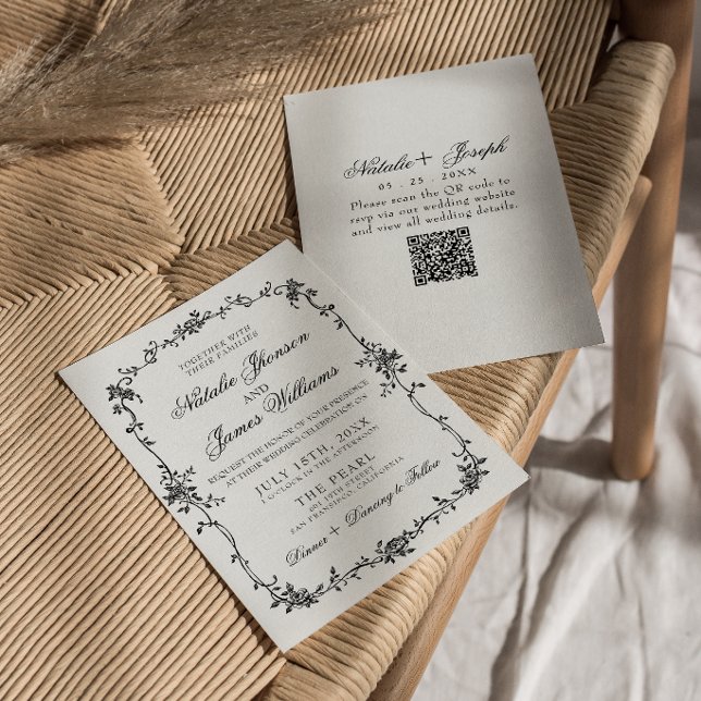 Invitación Fancy Floral Black White Botanical QR Code Wedding (Subido por el creador)