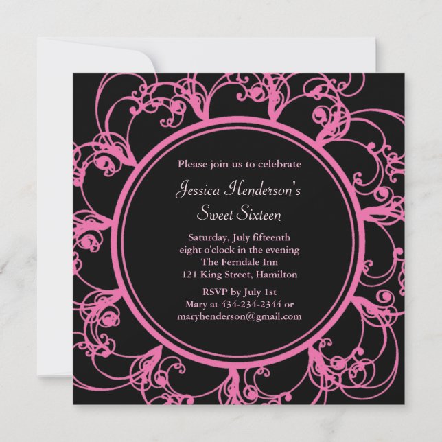 Invitación Fancy Floral Sweet 16 Invite (negro) (Anverso)