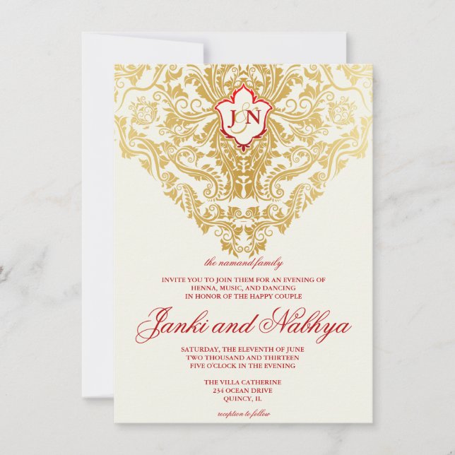 Invitación Fancy florece Boda árabe hindú dorado (Anverso)
