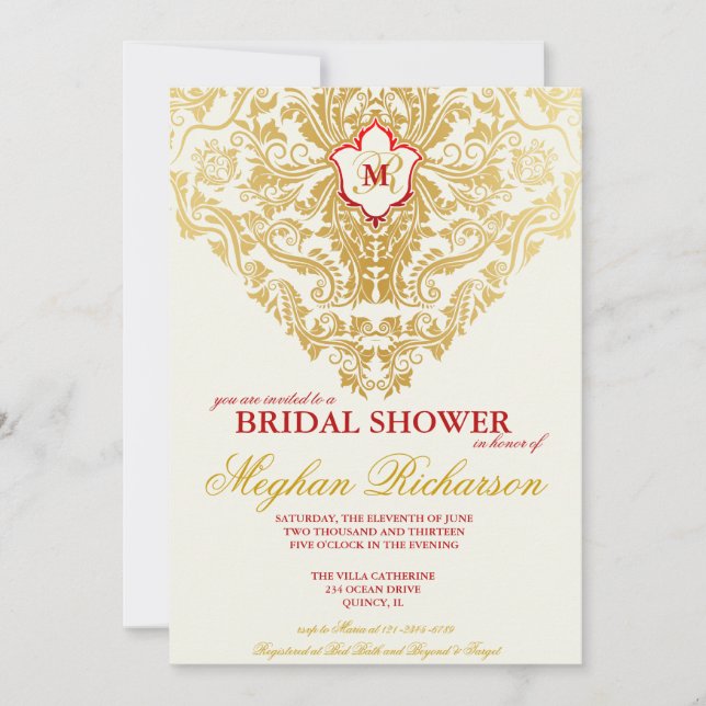 Invitación Fancy Florece Golden Bridal Shower (Anverso)