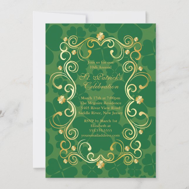 Invitación Fancy Gold Shamrock St. Patrick's Party Invitation (Anverso)